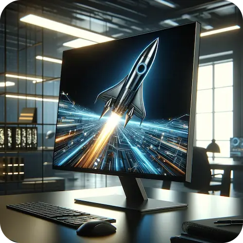 Digitale Rakete auf einem hochauflösenden Monitor in einem technischen Büro, scharf und klar dargestellt gegen einen dunklen Hintergrund.