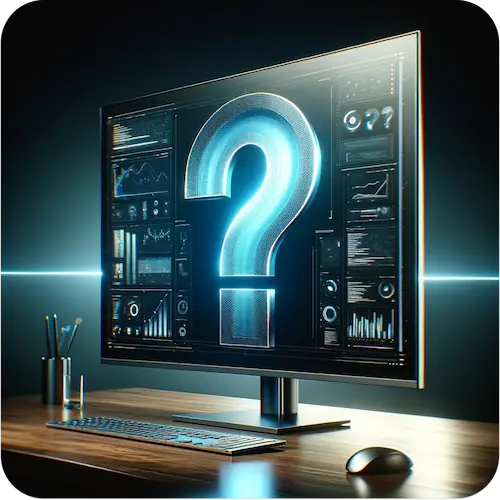 Monitor auf einem Schreibtisch zeigt ein leuchtendes Fragezeichen umgeben von Datenvisualisierungen und Graphen, symbolisch für die Suche nach Antworten in der Datenanalyse.